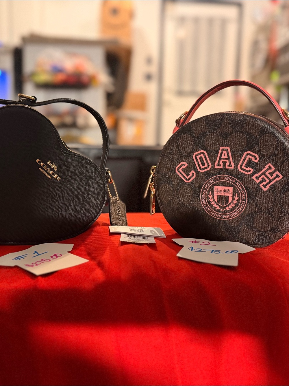 COACH Brown Signature Round Mini Bag with Pink Logo and Pink Trim